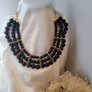 Iman Egyptian Style Statement Black Bead Collar Necklace with Rhinestone Accents